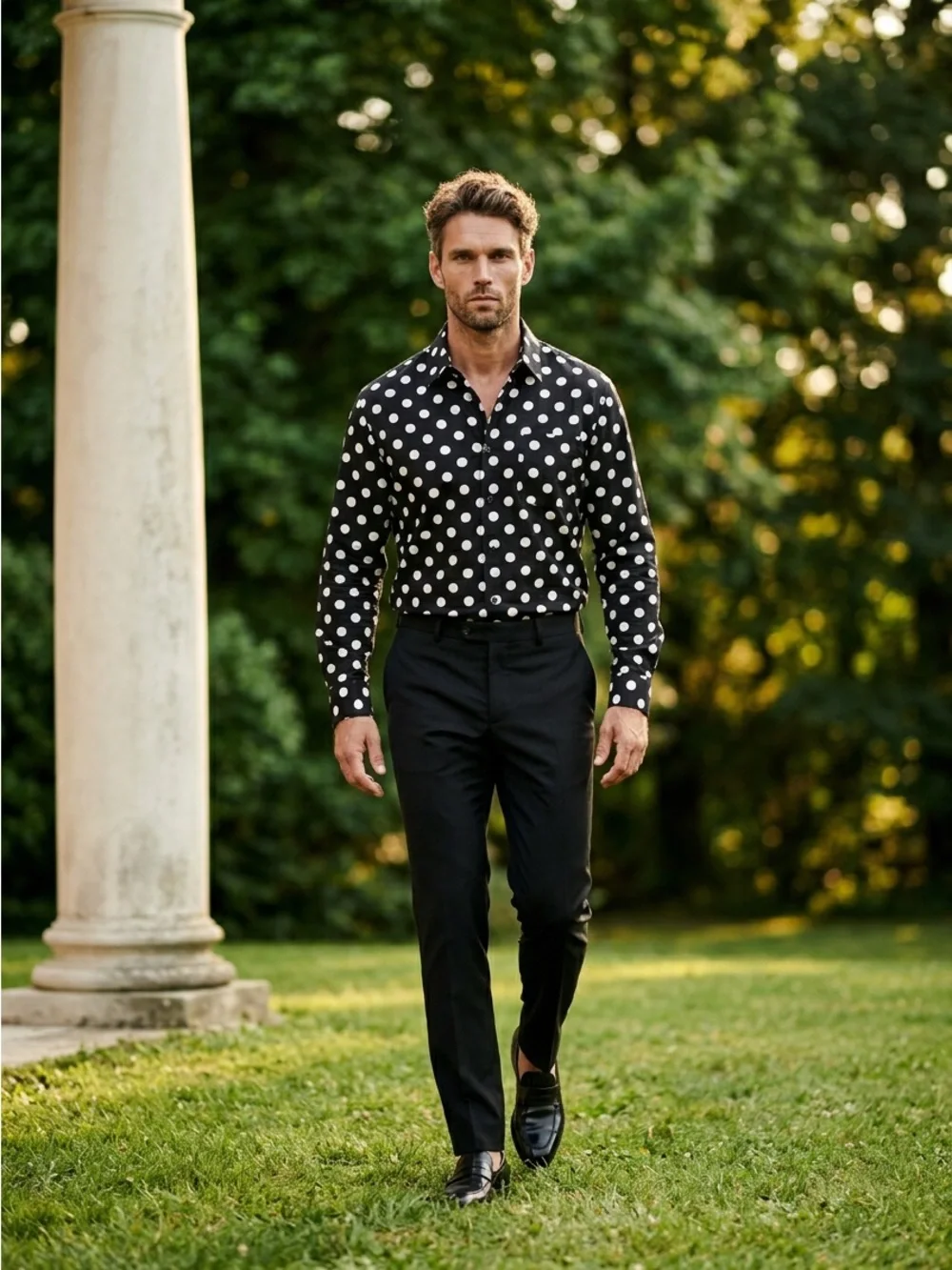 🚘 new 🆕 Men's Black Polka Dot Button-Up Shirt - Classic Style size 18-18.5 34-35